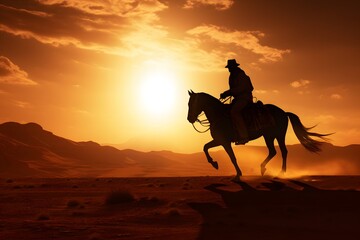 Obraz na płótnie Canvas silhouette of a man cowboy riding a horse in the middle of the desert