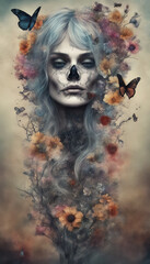 Beautiful Portrait dead of a Girl with Flowers and Butterflies