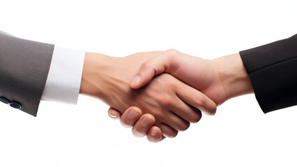Professional handshake between on white background, hands in business suits, a formal business greeting or agreement. Professional networking concept