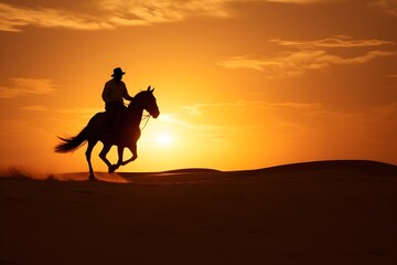 Fototapeta na wymiar silhouette of a man cowboy riding a horse in the middle of the desert