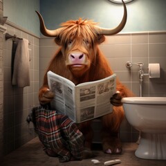 Highland cow sitting on the toilet reading a newspaper