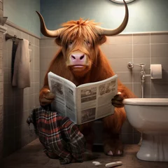 Foto auf Leinwand Highland cow sitting on the toilet reading a newspaper © Christian