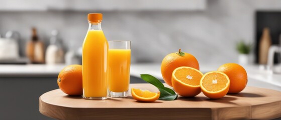 Naklejka premium Bottled orange juice and oranges on a round wooden table in the kitchen