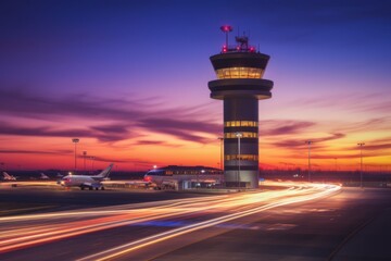 Twilight at Airport Control Tower with Streaking Lights - obrazy, fototapety, plakaty