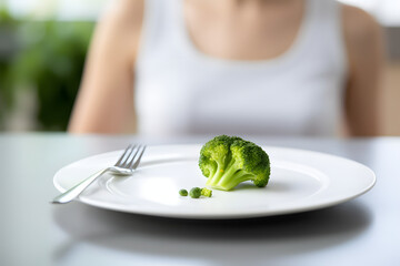dieting problems, eating disorder - unhappy woman looking at small broccoli portion on the plate - obrazy, fototapety, plakaty