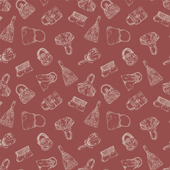 Vintage bags. Vector hand-drawn background. Lady bags, wallets and purses seamless pattern