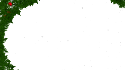 Christmas tree round border with green fir branches and snow, red bulb isolated on transparent background. Pine, xmas evergreen plants circle frame. Vector ring string garland decor snowing