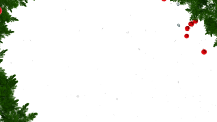 Christmas tree round border with green fir branches and snow, red bulb isolated on transparent background. Pine, xmas evergreen plants circle frame. Vector ring string garland decor snowing