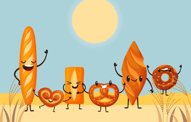 Cute cartoon bread characters. Funny baguette, bun and donuts. Friendship and happiness, group of breads on wheat meadow, vector banner - obrazy, fototapety, plakaty