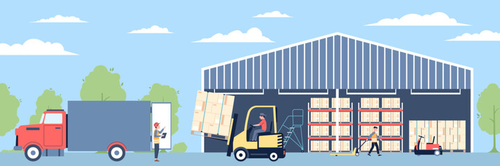 Warehouse outside view. Loading cargo and boxes into truck, workers in uniform. Transportation service, logistic and delivery industry recent vector scene