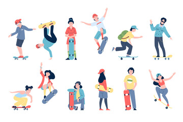 Fototapeta na wymiar Skateboarders young characters. Teens riding skateboards, boys and girls active skateboarding. Teenagers popular seasonal activity, recent vector set