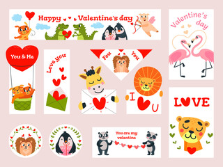 Valentines day banners and stickers, bookmarks and print cards. Funny animals holding hearts in love. Romantic classy cartoon vector characters