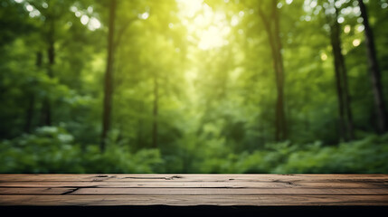 Empty wooden table with forest in blurry bokeh background