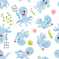 Cartoon octopus seamless pattern. Positive underwater childish fabric template. Cute blue octopuses in various poses. Classy marine vector background