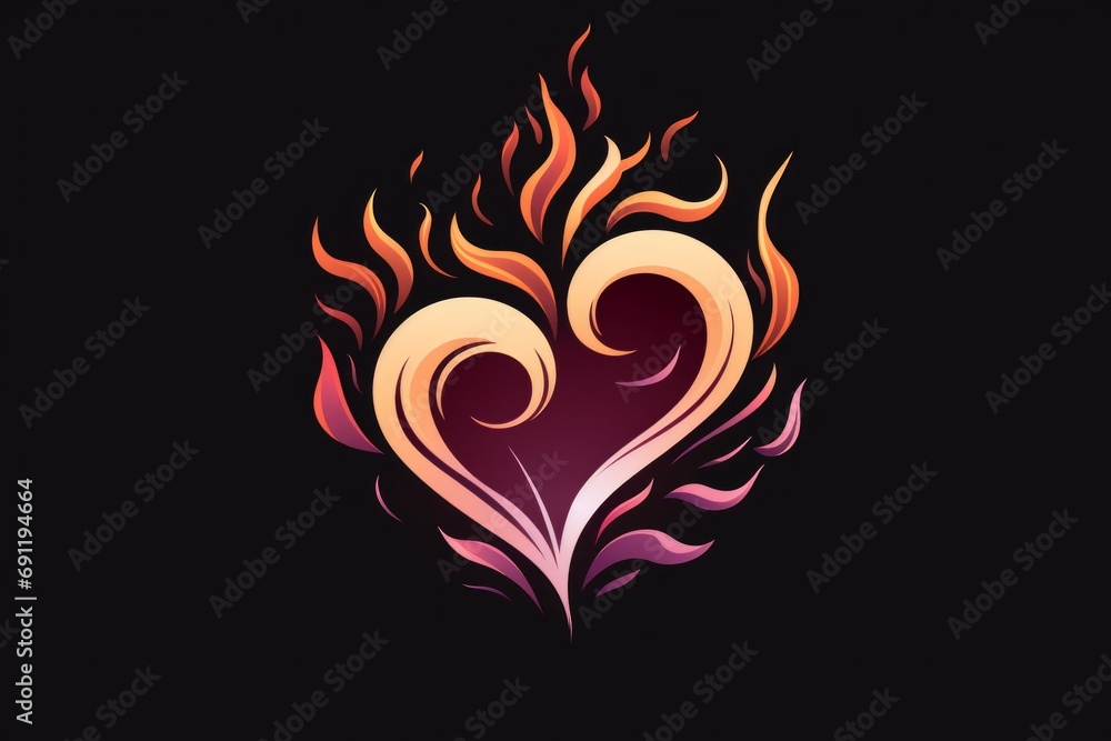 Poster fire flame in the shape of a heart. background with selective focus with copy space