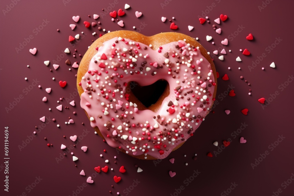 Poster donut in the shape of a heart. background with selective focus and copy space