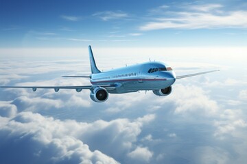 Airplane in the blue sky. Background with selective focus and copy space