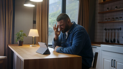 Bearded young man sitting against the kitchen counter having headache while using tablet device....