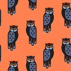 Vector seamless pattern with graphic owls. Cartoon stylish bird forest character. Orange background.