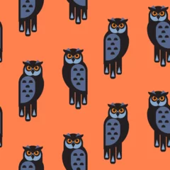 Fotobehang Vector seamless pattern with graphic owls. Cartoon stylish bird forest character. Orange background. © YoPixArt