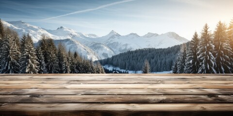 Winter background, old empty wooden table over a lake with trees and copy space. Generative AI