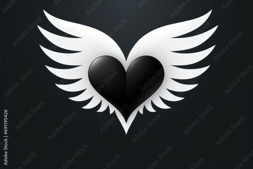 Poster heart with cupid wings. dark background with selective focus and copy space