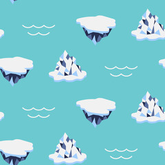 Iceberg cartoon style ice seamless pattern. Repeating background design for printing on fabric. Ice floes in water flat vector illustration