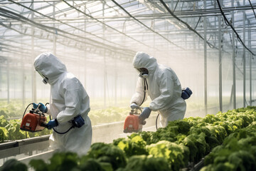 People in protective suits and a mask use a sprayer for plants in a greenhouse
