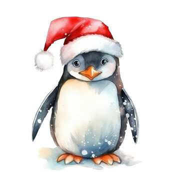 Penguin Wearing Santa Hat For Christmas Event. Watercolor Style. AI Generated