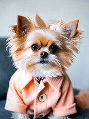 cute Yorkshire terrier dog dressed in soft peach colored clothes