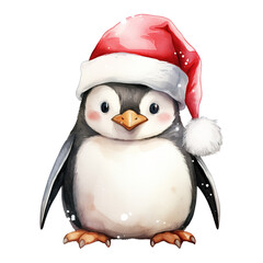 Fototapeta premium Penguin Wearing Santa Hat For Christmas Event. Watercolor Style. AI Generated