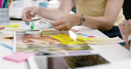 Color, palette and closeup in meeting with designer, team and discussion of magazine or photoshoot. Green, swatch and hands of people on desk with creative, photography or planning with papers - Powered by Adobe