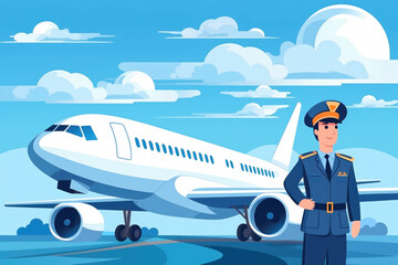 Cartoon Pilot Next to Passenger Airplane