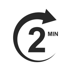2 min countdown sign. Two minutes icon with circle arrow. Stopwatch symbol. Sport or cooking timer isolated on white background. Delivery, deadline, duration pictogram. Vector graphic illustration - obrazy, fototapety, plakaty