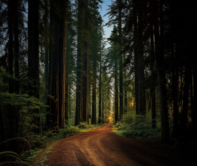 Sun Setting on a Trail through a Redwood Forest - obrazy, fototapety, plakaty