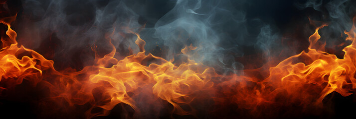 Flame, fire on the background. black walls and smoke. Wide background on the theme of fire, elements, horror, hell, Halloween, etc.