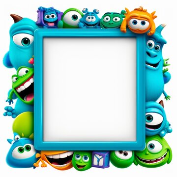 Children's photo frame with cartoon characters on isolated white background