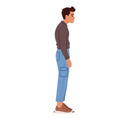 Male Character Awkwardly Slouched With Hunched Shoulders, The Figure Exhibits A Wrong Standing Body Posture