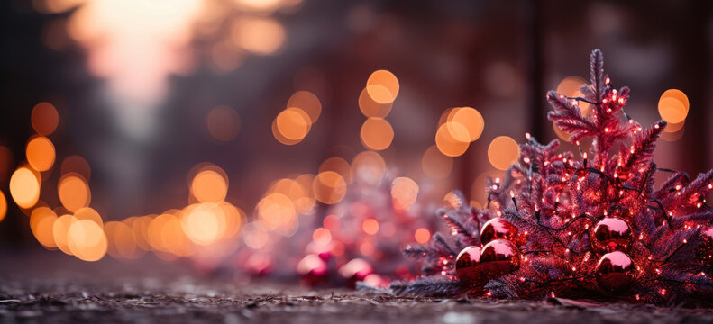 Background with Christmas trees, Christmas balls and blurred bokeh creates a festive atmosphere