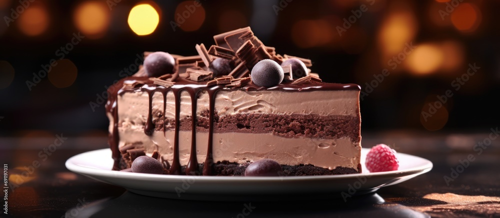Poster chocolate ice cream cake selective focus. copy space image. place for adding text
