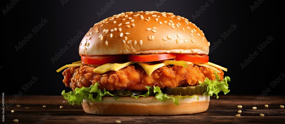 Poster close up on crispy chicken burger with lettuce and tomato. copy space image. place for adding text