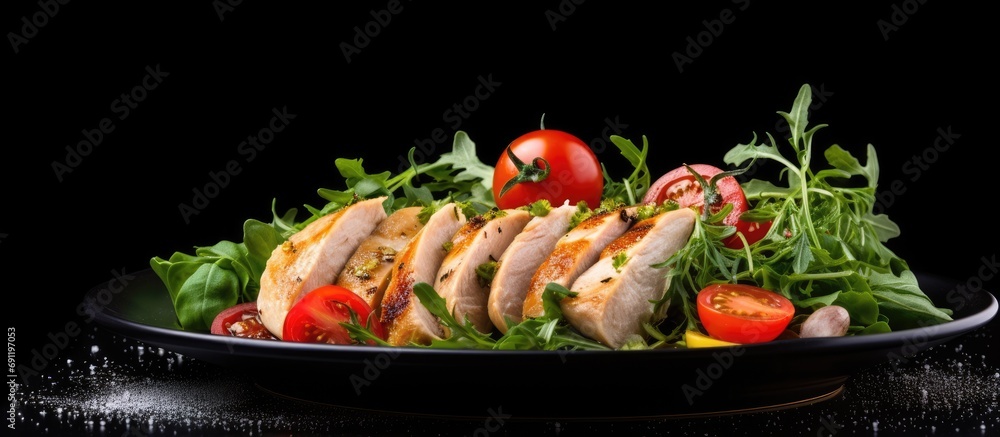 Poster chicken breast with fresh salad arugula and tomato. copy space image. place for adding text