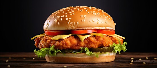 Close up on crispy chicken burger with lettuce and tomato. Copy space image. Place for adding text - obrazy, fototapety, plakaty