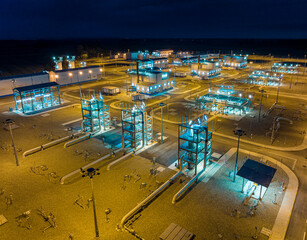 The night aerial view of natural gas compressor station