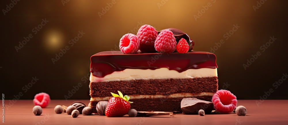 Poster chocolate cake with marzipan and raspberries. copy space image. place for adding text