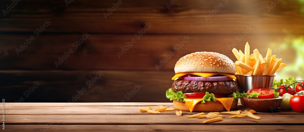 Aufkleber cheeseburger with fries and ketchup on rustic table top. copy space image. place for adding text