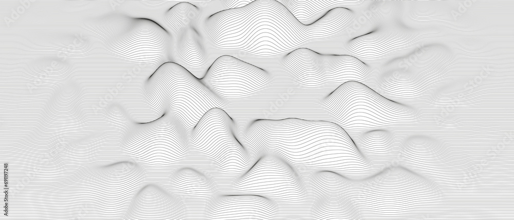 Poster abstract background with distorted line shapes on a white background. monochrome sound line waves.