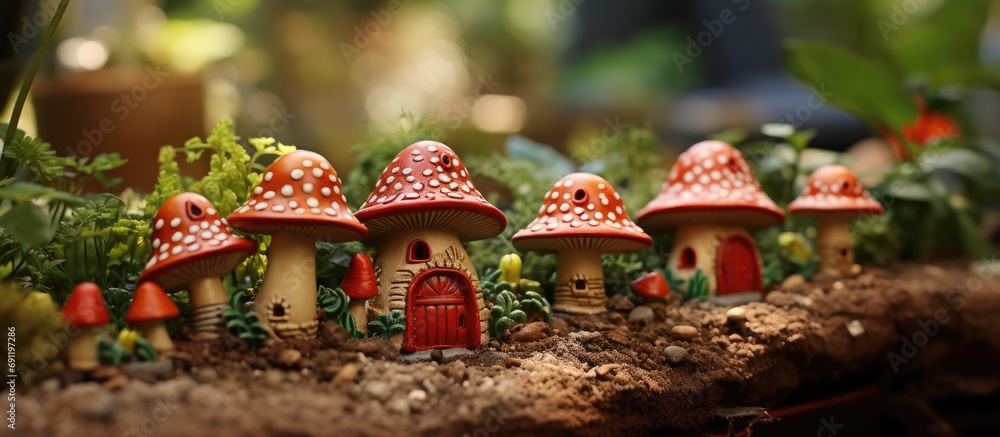 Wall mural a pair of clay figurines of fantasy toadstool shaped castles with stairs towers and windows on the f - Wall murals