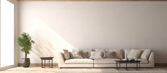 a living room with white walls and wood flooring on the ceiling there is a couch in the corner. Copy space image. Place for adding text