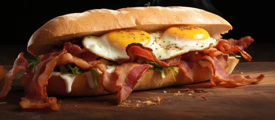  Ciabatta sandwich with poached egg and bacon. Copy space image. Place for adding text © Ilgun